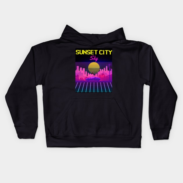 Sunset City Sky Retro Neon Arcade 80s Design Kids Hoodie by Up 4 Tee